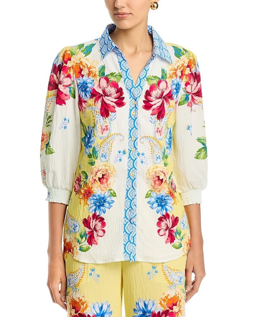 T Tahari Three Quarter Sleeve Button Down Blouse Multi Size M 3065